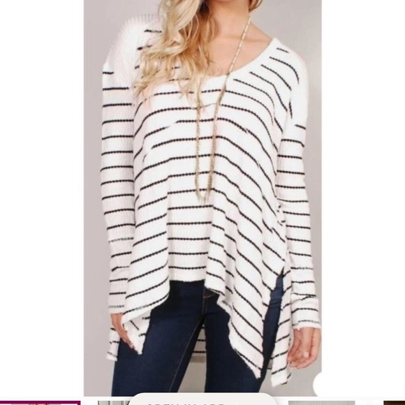 Free people black/white waffle knit v-neck striped sunset park thermal top sz L - Picture 2 of 8